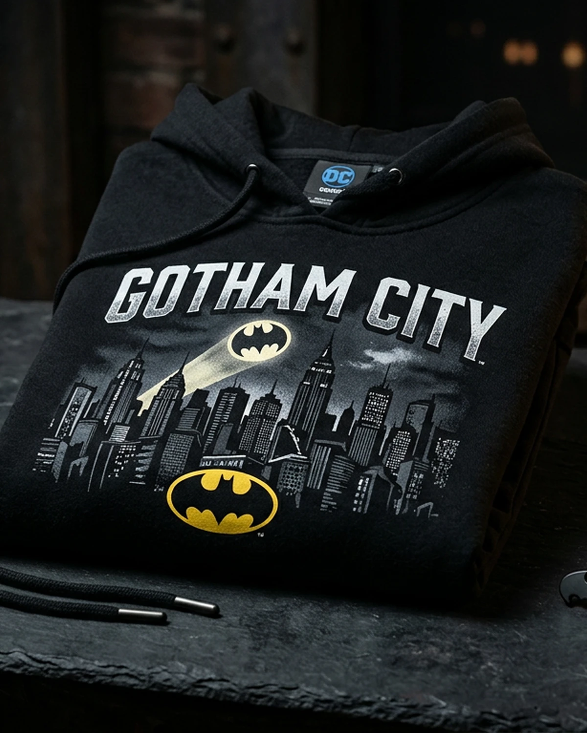 DC Gotham skyline hoodie flat lay